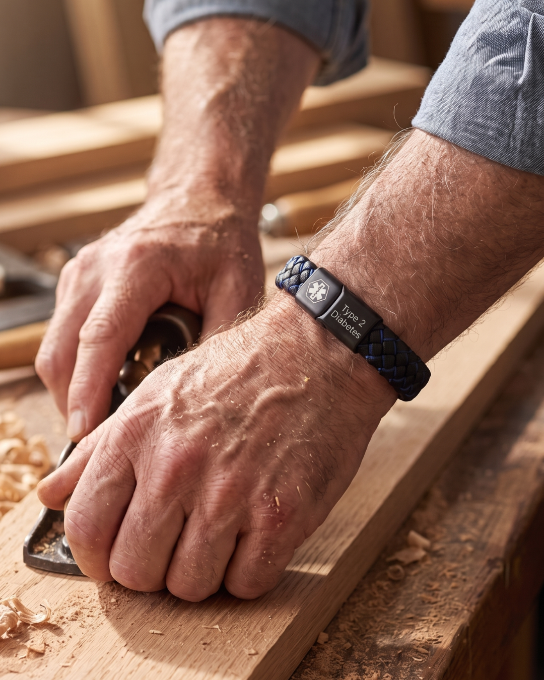 Man woodworking while wearing a Type 2 Diabetes medical alert bracelet