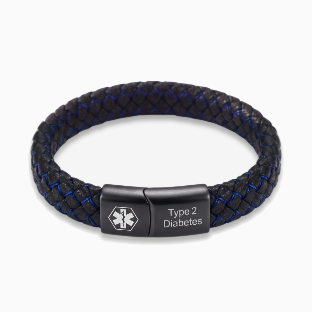 Type 2 diabetes medical alert bracelet, black and blue