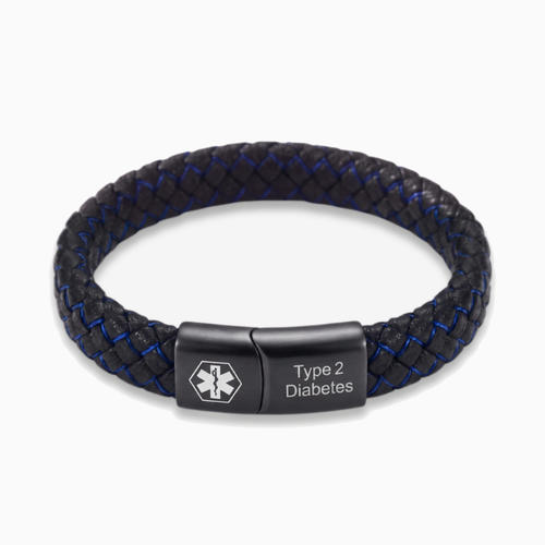 Type 2 diabetes medical alert bracelet, black and blue