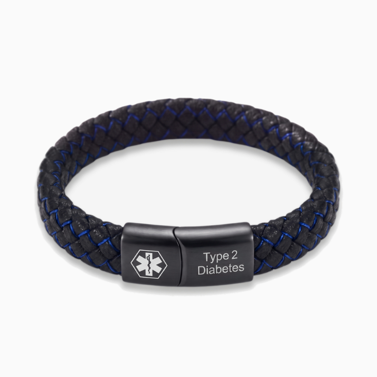Type 2 diabetes medical alert bracelet, black and blue