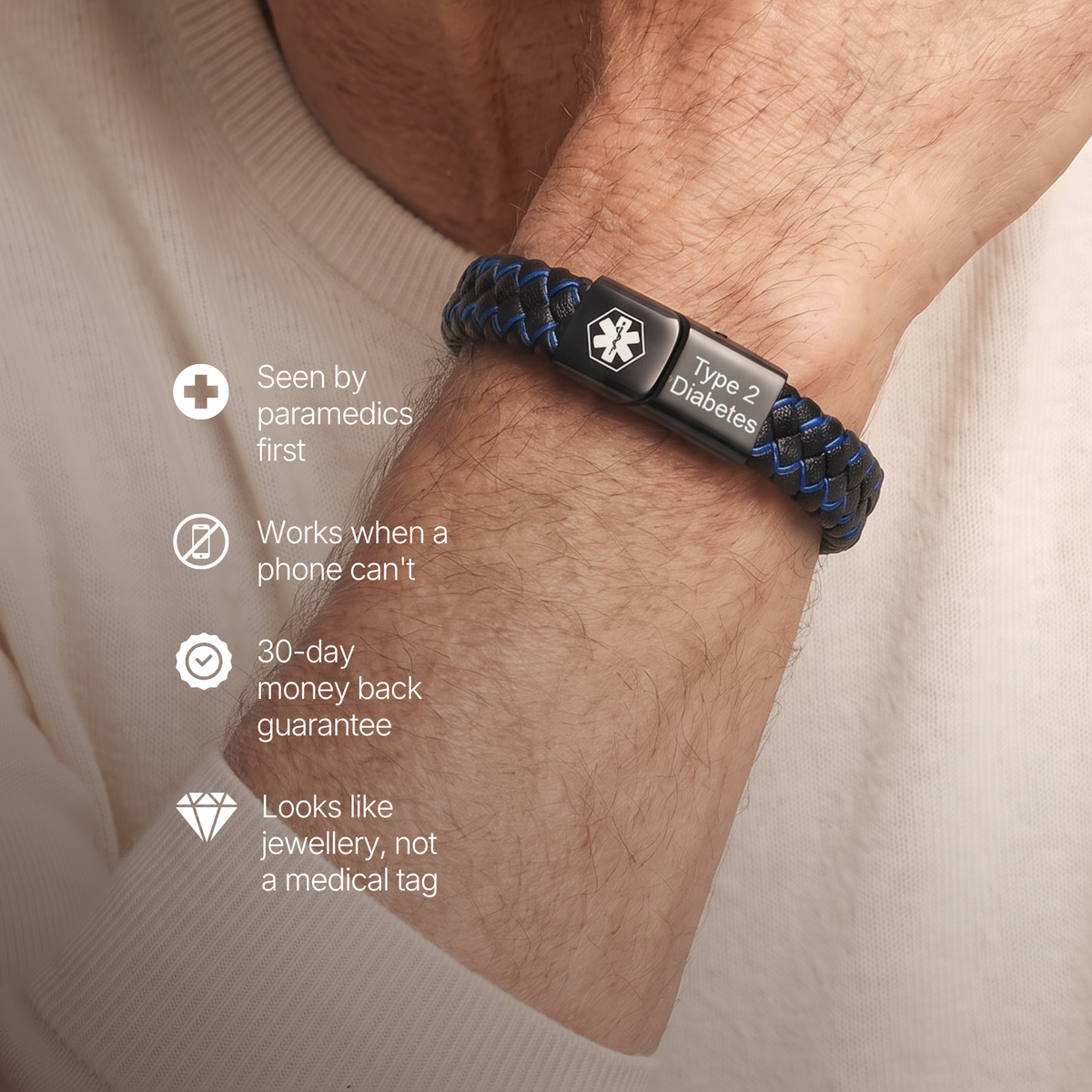 Diabetes bracelet benefits: seen by paramedics first, works when a phone cannot