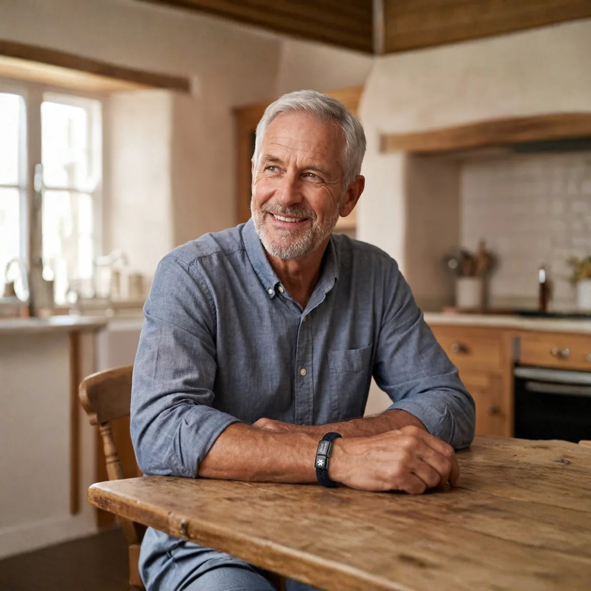 Smiling man at a kitchen table wearing a medical alert bracelet