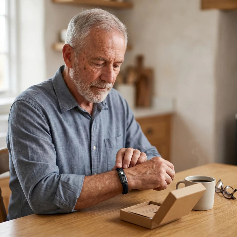 Man at his kitchen table looking at the bracelet on his wrist