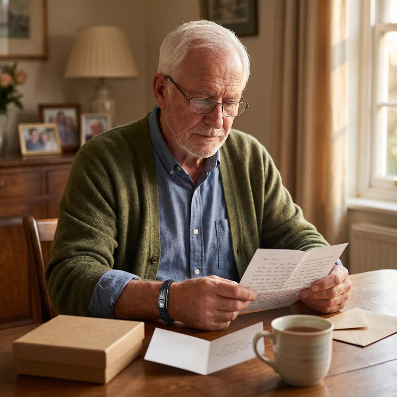 Older man reading a card, bracelet on his wrist