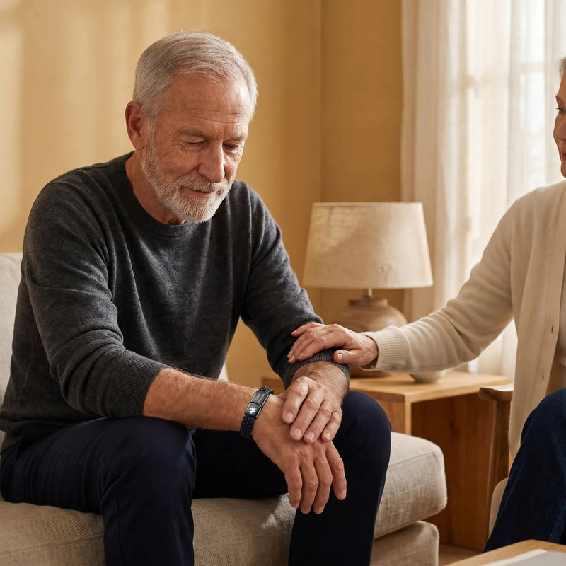 Couple at home, bracelet visible on his wrist