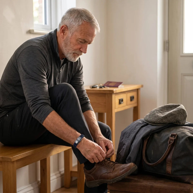 Man getting ready to travel, bracelet on his wrist